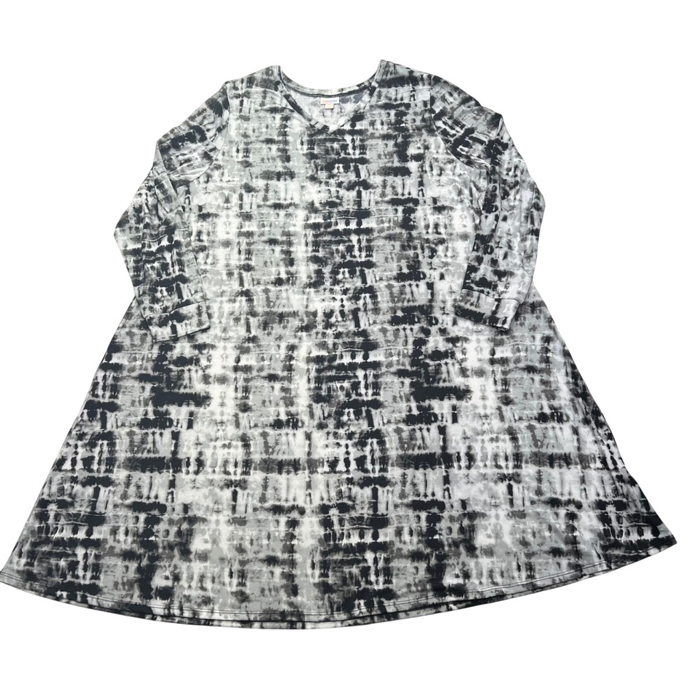 LuLaRoe Emily Dress 3XL Black White Tie Dye Stripe Long Sleeve V-Neck Pockets